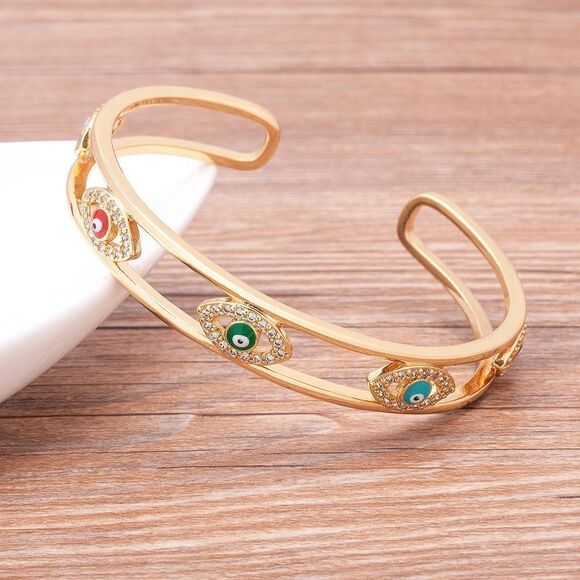 Brand New Gold Evil Eye, Precious Stone Accent Cuff Bracelet - Picture 3 of 6
